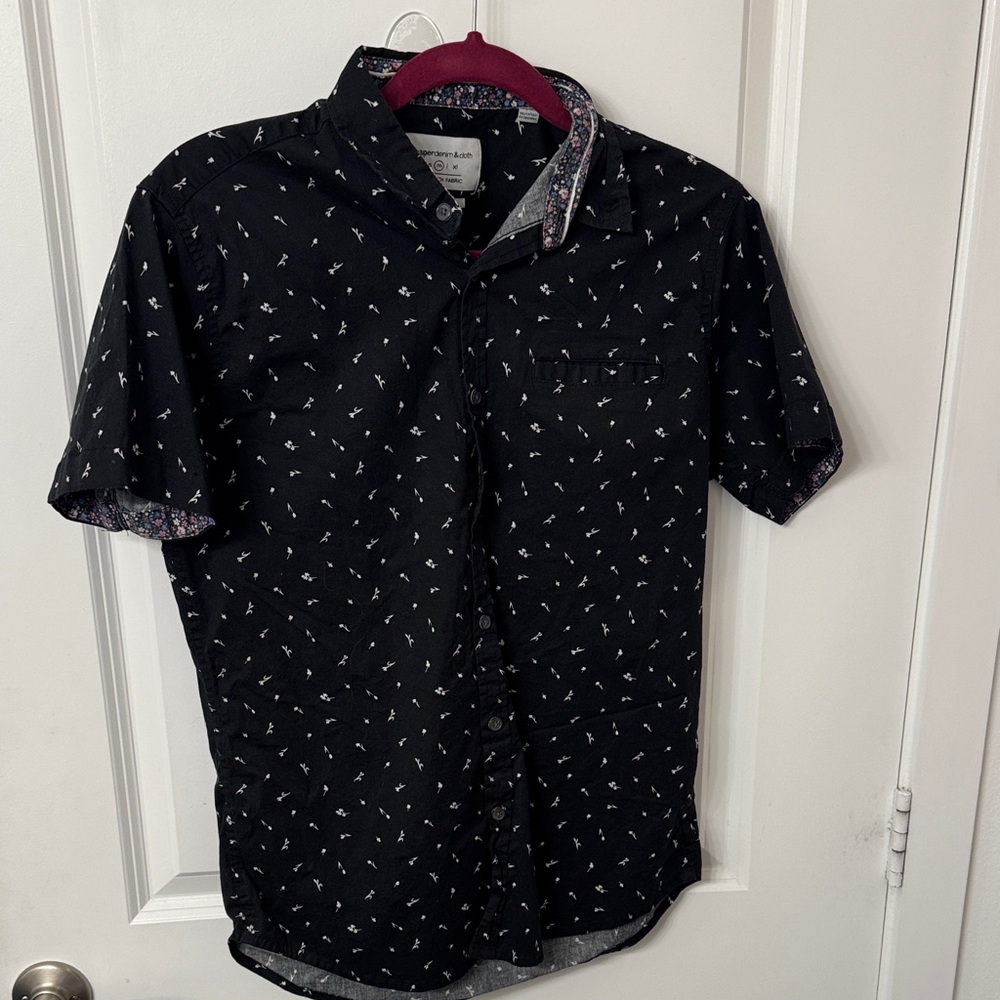 Paper Denim & Cloth Black Short Sleeve Shirt with White Pattern